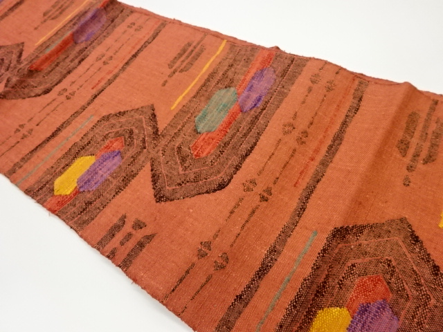 手織り真綿紬抽象横段模様織出し名古屋帯